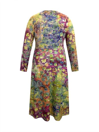 Plus Size Printed Round Neck Long Sleeve Dress BLUE ZONE PLANET