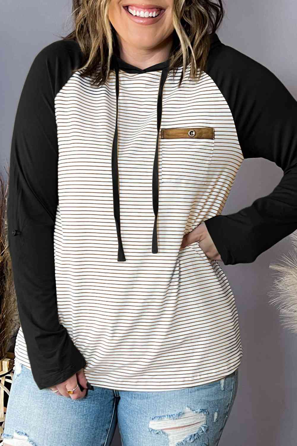 Blue Zone Planet | Plus Size Striped Long Sleeve Hoodie BLUE ZONE PLANET