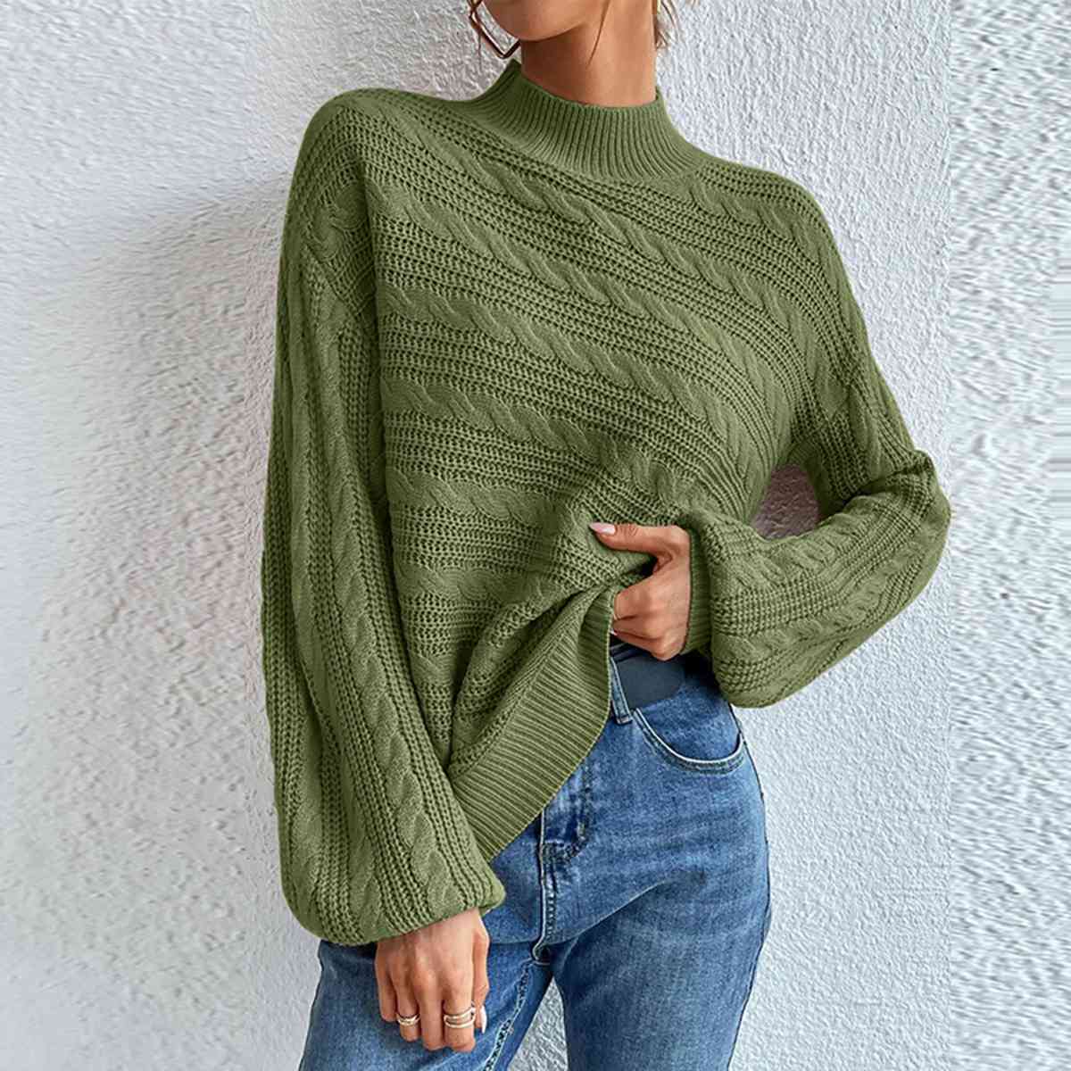 Cable-Knit Mock Neck Long Sleeve Sweater BLUE ZONE PLANET