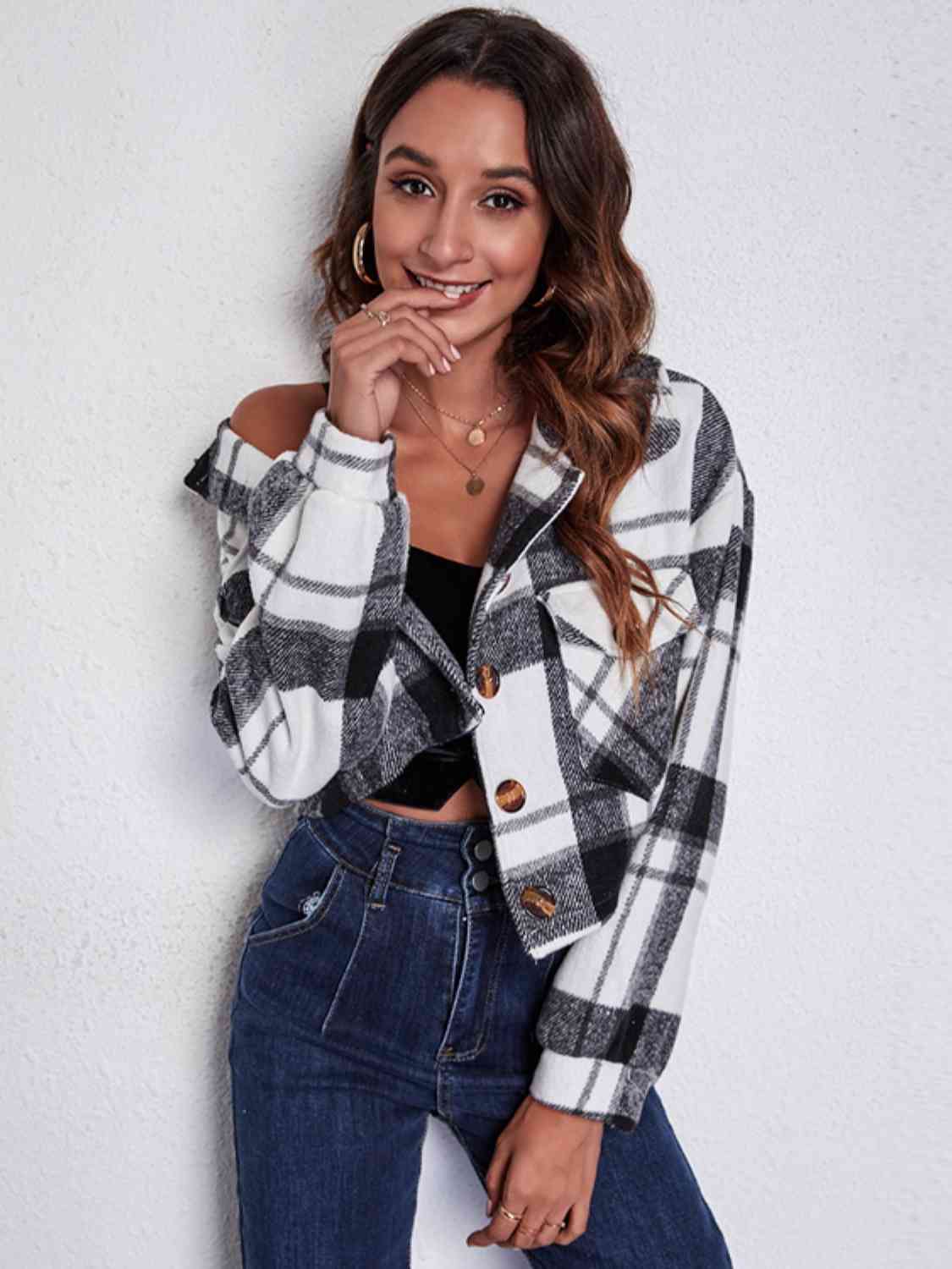 Plaid Button Front Jacket with Pockets BLUE ZONE PLANET