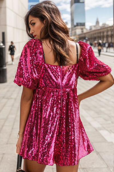 Blue Zone Planet | Sequin Square Neck Balloon Sleeve Romper BLUE ZONE PLANET