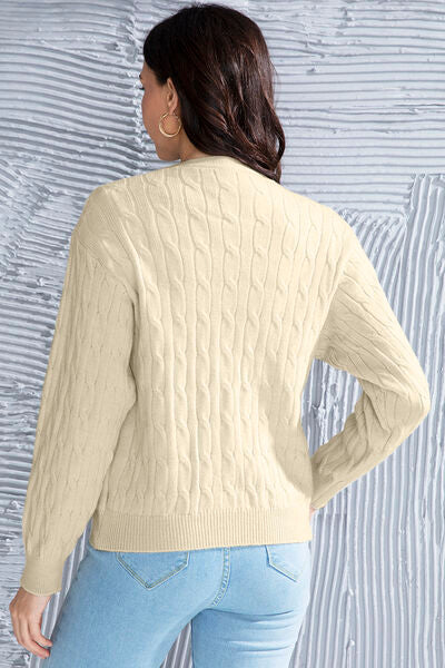 Blue Zone Planet | Cable-Knit Button Up Dropped Shoulder Cardigan BLUE ZONE PLANET