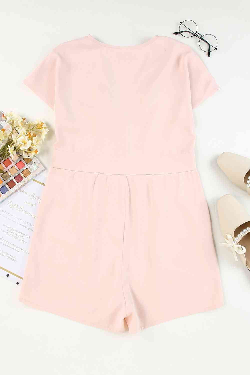 Buttoned V-Neck Short Sleeve Romper BLUE ZONE PLANET