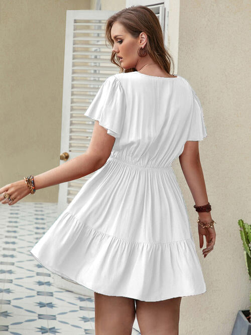 Double Take Plus Size Ruffle Hem V-Neck Short Sleeve Dress BLUE ZONE PLANET