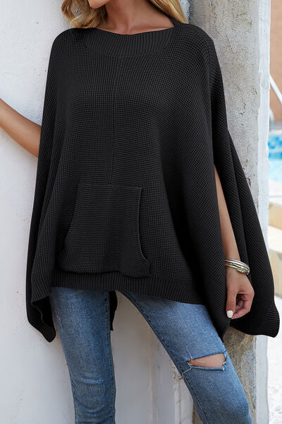 Blue Zone Planet | Waffle-Knit Pocketed Cape Sleeve Sweater BLUE ZONE PLANET