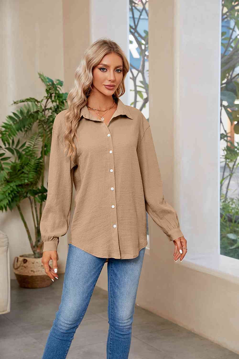 Collared Neck Buttoned Long Sleeve Shirt BLUE ZONE PLANET