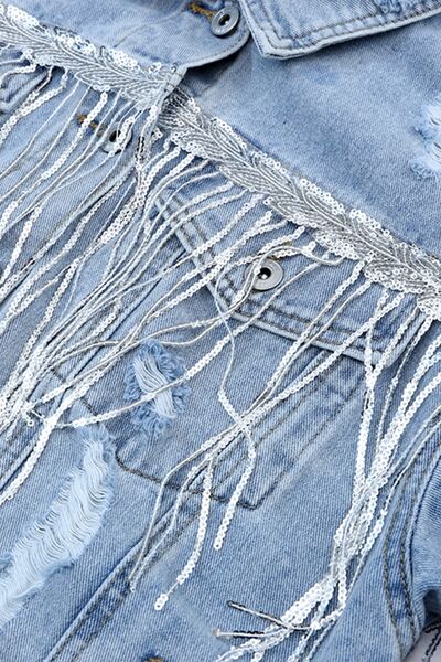 Sequin Fringe Trim Distressed Button Up Denim Jacket BLUE ZONE PLANET