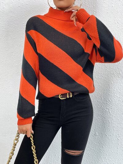 Blue Zone Planet | Striped Turtleneck Dropped Shoulder Sweater BLUE ZONE PLANET
