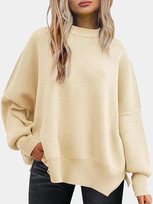 Round Neck Drop Shoulder Slit Sweater BLUE ZONE PLANET