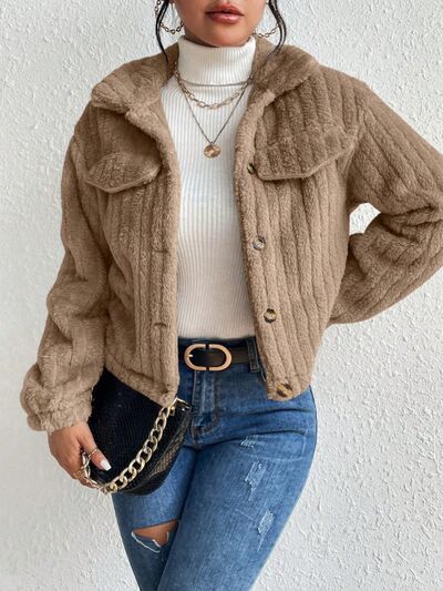 Blue Zone Planet | Fuzzy Button Up Collared Neck Jacket BLUE ZONE PLANET