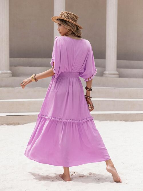 Tassel Trim Smocked V-Neck Short Sleeve Dress BLUE ZONE PLANET