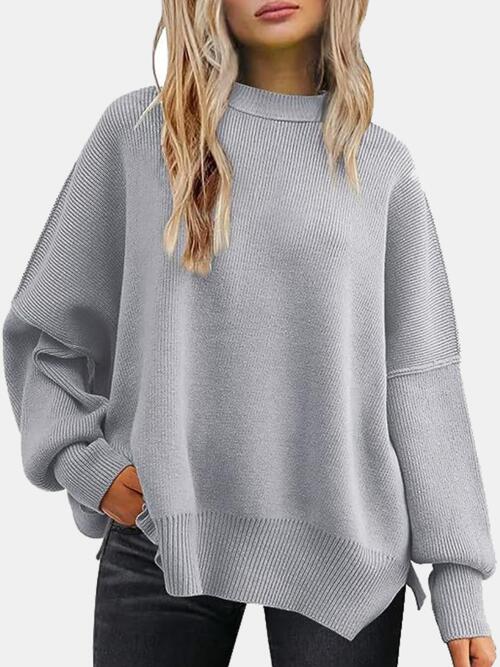 Round Neck Drop Shoulder Slit Sweater BLUE ZONE PLANET