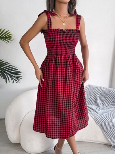 Frill Plaid Square Neck Midi Dress BLUE ZONE PLANET