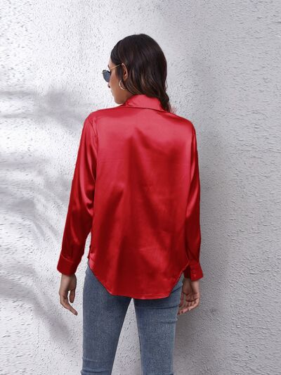 Button Up Collared Neck Long Sleeve Shirt BLUE ZONE PLANET