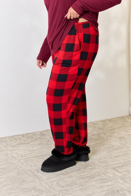 Zenana Full Size Plaid Round Neck Top and Pants Pajama Set BLUE ZONE PLANET