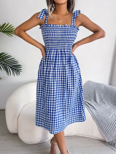 Frill Plaid Square Neck Midi Dress BLUE ZONE PLANET