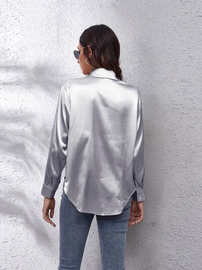 Button Up Collared Neck Long Sleeve Shirt BLUE ZONE PLANET