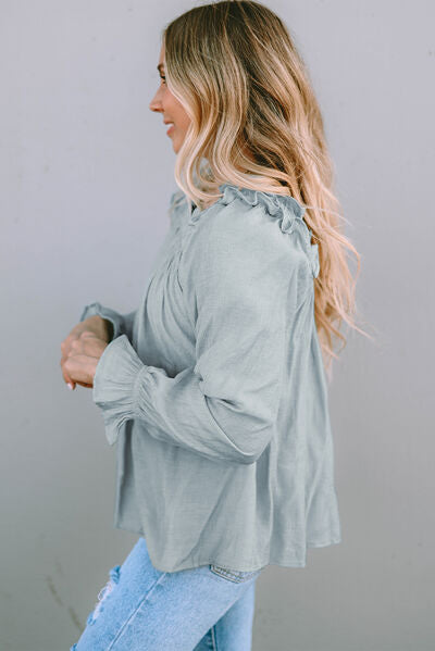 Frill Trim Flounce Sleeve Blouse BLUE ZONE PLANET