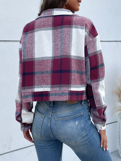 Blue Zone Planet | Plaid Button Up Drop Shoulder Cropped Jacket BLUE ZONE PLANET