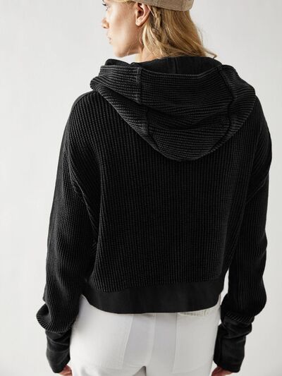 Blue Zone Planet | Waffle-Knit Dropped Shoulder Hooded Jacket BLUE ZONE PLANET