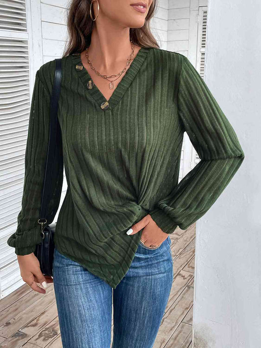 Twisted V-Neck Buttoned Long Sleeve T-Shirt BLUE ZONE PLANET