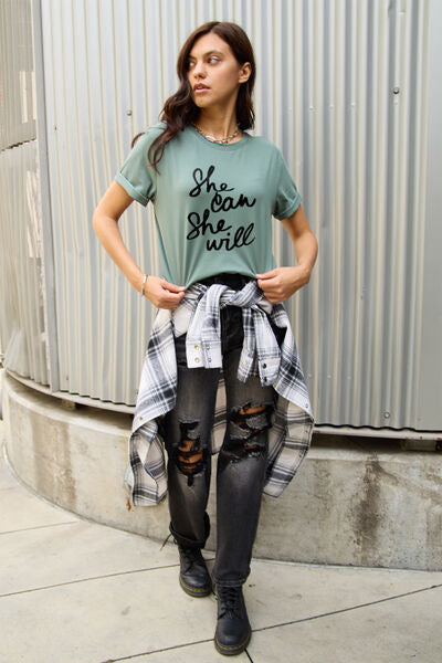 Blue Zone Planet | Simply Love Full Size SHE CAN SHE WILL Short Sleeve T-Shirt BLUE ZONE PLANET