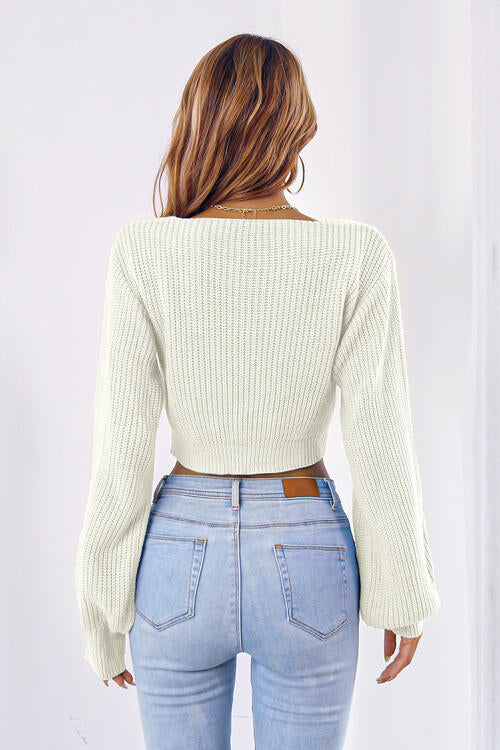 Bow V-Neck Long Sleeve Cropped Sweater BLUE ZONE PLANET