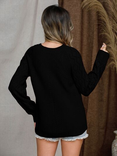 Openwork Round Neck Raglan Sleeve Sweater BLUE ZONE PLANET