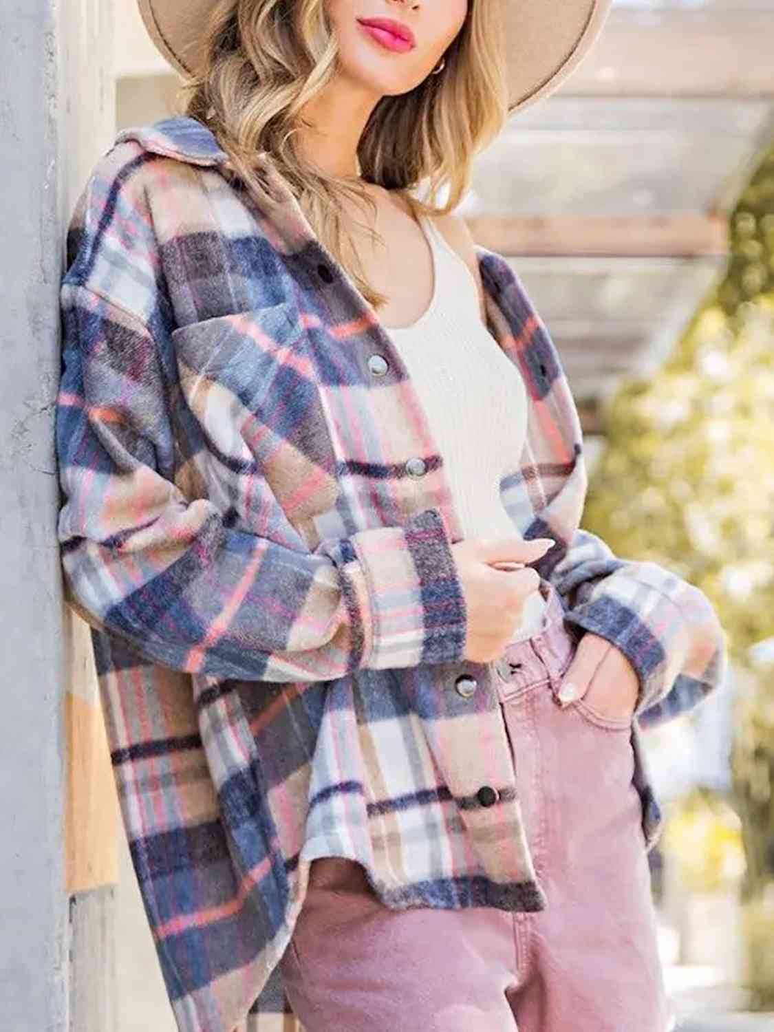 Snap Up Plaid Collared Neck Jacket with Pocket BLUE ZONE PLANET