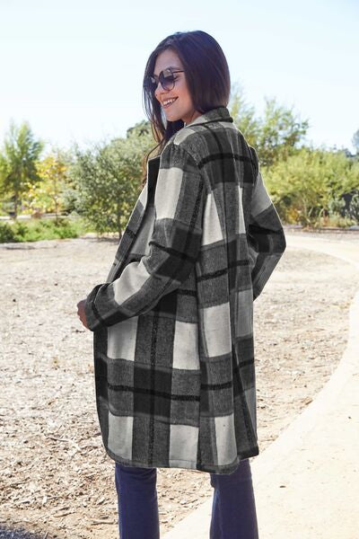 Double Take Full Size Plaid Button Up Lapel Collar Coat BLUE ZONE PLANET