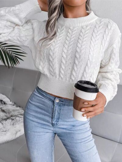 Cable-Knit Round Neck Cropped Sweater BLUE ZONE PLANET