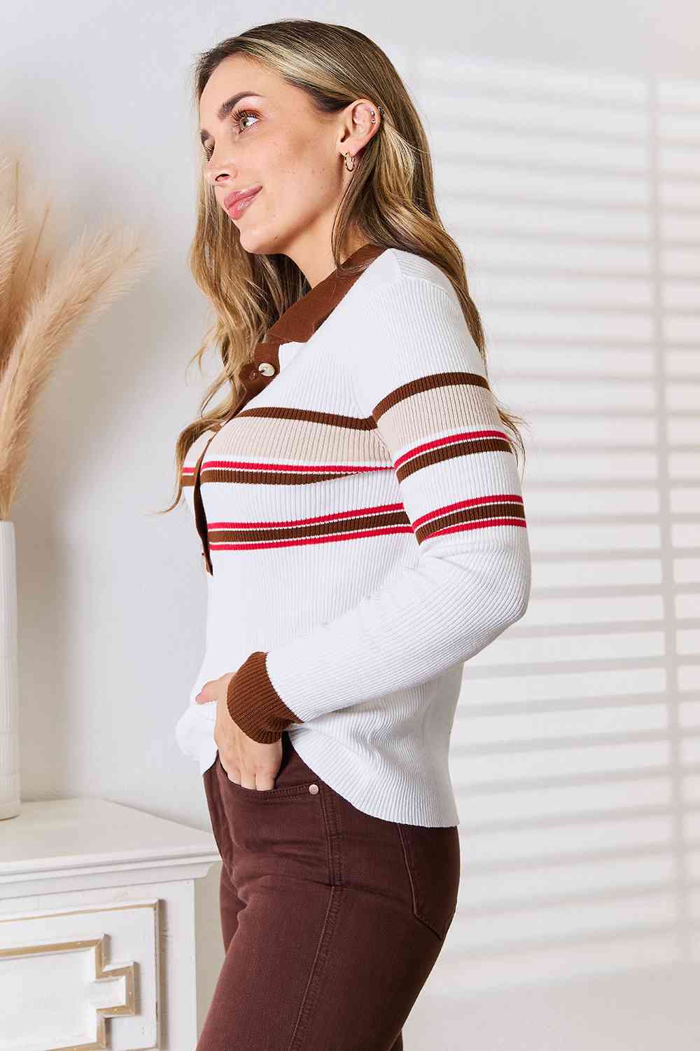 Basic Bae Striped Collared Neck Rib-Knit Top BLUE ZONE PLANET