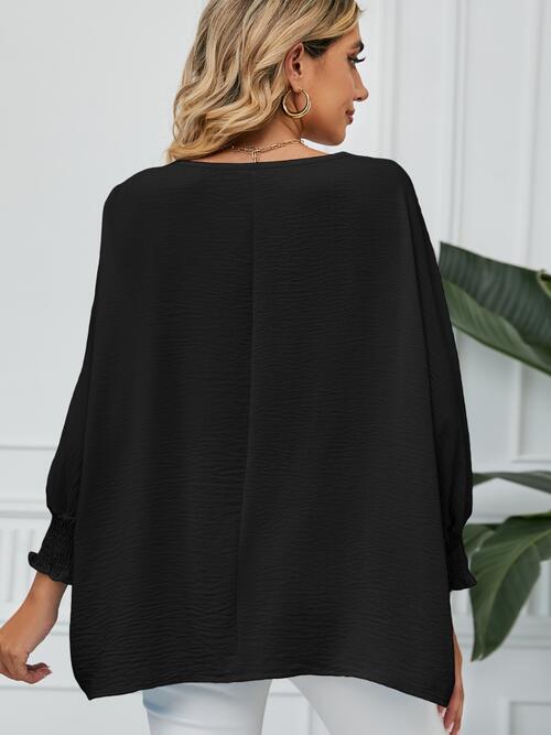 Smocked Lantern Sleeve Round Neck Blouse BLUE ZONE PLANET