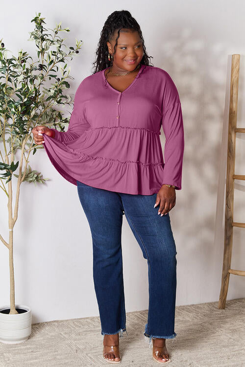 Double Take Half Button Long Sleeve Ruffle Hem Blouse BLUE ZONE PLANET