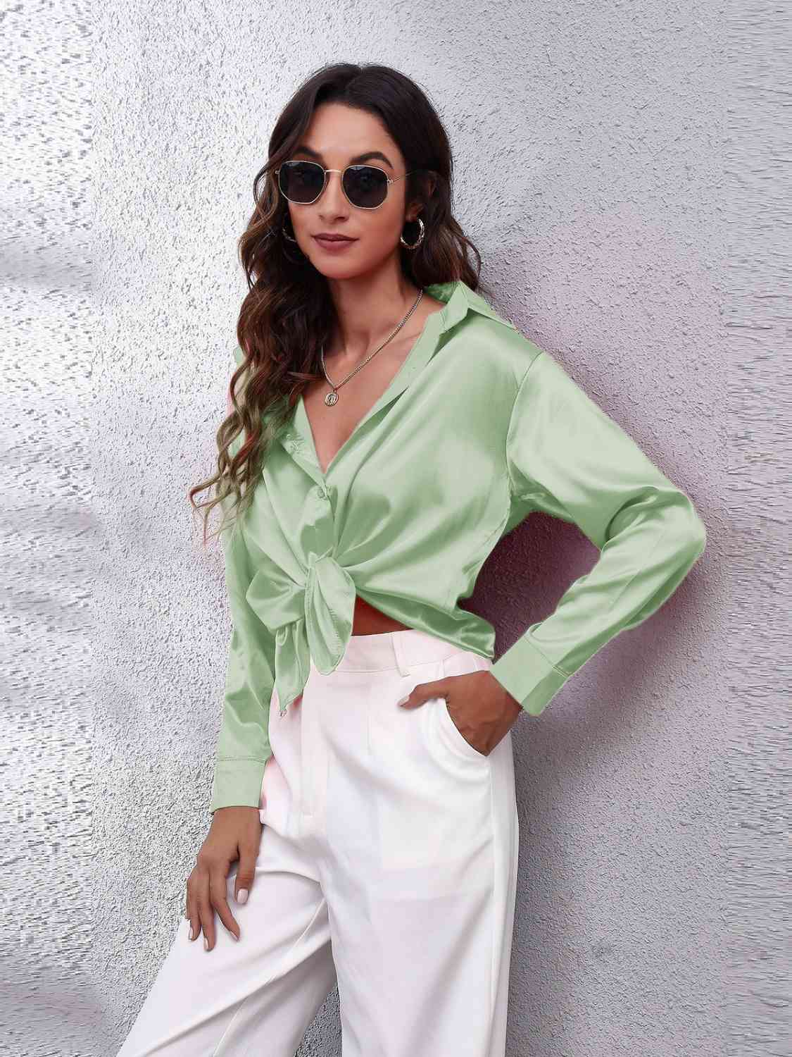 Collared Neck Buttoned Long Sleeve Shirt BLUE ZONE PLANET