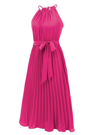 Blue Zone Planet | Pleated Spaghetti Strap Tie Waist Midi Dress BLUE ZONE PLANET