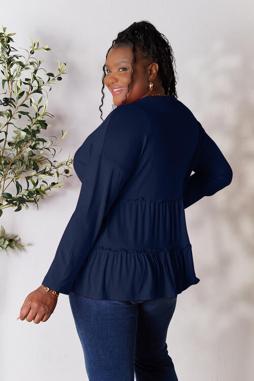 Double Take Half Button Long Sleeve Ruffle Hem Blouse BLUE ZONE PLANET