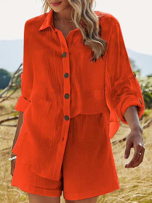 Texture Button Up Shirt and Shorts Set BLUE ZONE PLANET