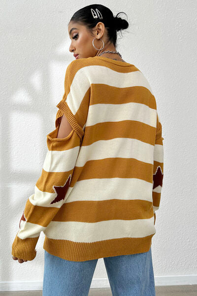 Blue Zone Planet | Star Pattern V-Neck Cutout Sweater BLUE ZONE PLANET