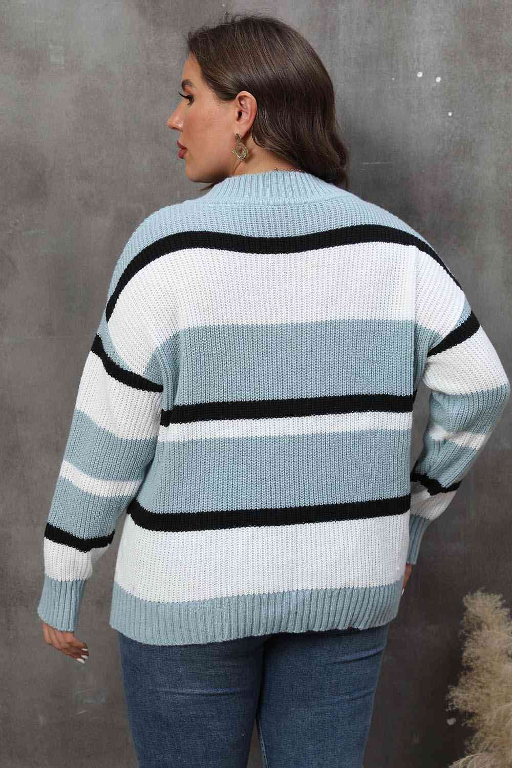Plus Size Striped V-Neck Dropped Shoulder Sweater BLUE ZONE PLANET