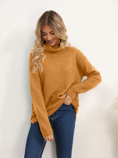 Slit Turtleneck Dropped Shoulder Sweater Trendsi