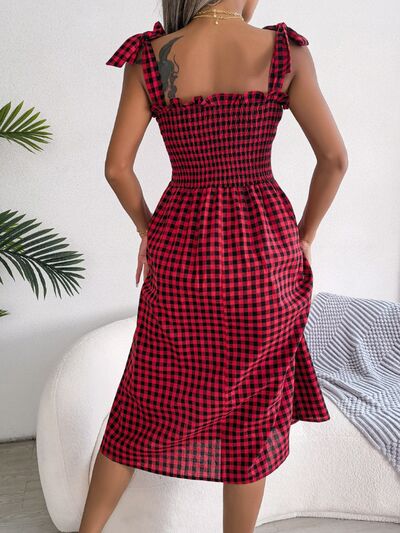 Frill Plaid Square Neck Midi Dress BLUE ZONE PLANET