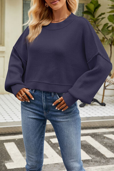 Blue Zone Planet | Round Neck Dropped Shoulder Sweater BLUE ZONE PLANET