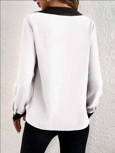 Blue Zone Planet | Contrast Trim V-Neck Long Sleeve Blouse BLUE ZONE PLANET