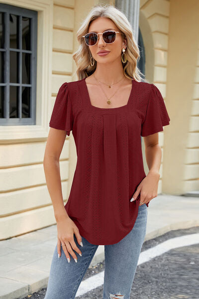 Blue Zone Planet | Eyelet Square Neck Short Sleeve T-Shirt BLUE ZONE PLANET