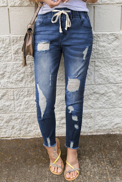 Blue Zone Planet | Drawstring Distressed Raw Hem Jeans with Pockets BLUE ZONE PLANET