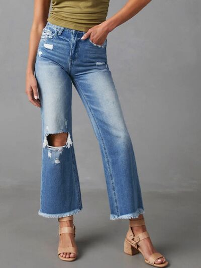 Distressed Raw Hem Jeans with Pockets BLUE ZONE PLANET