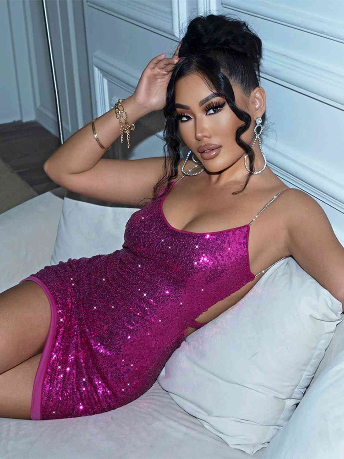 Sequin Cutout Spaghetti Strap Mini Dress BLUE ZONE PLANET