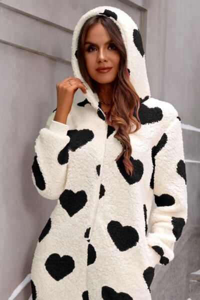 Blue Zone Planet | Fuzzy Heart Zip Up Hooded Lounge Jumpsuit BLUE ZONE PLANET