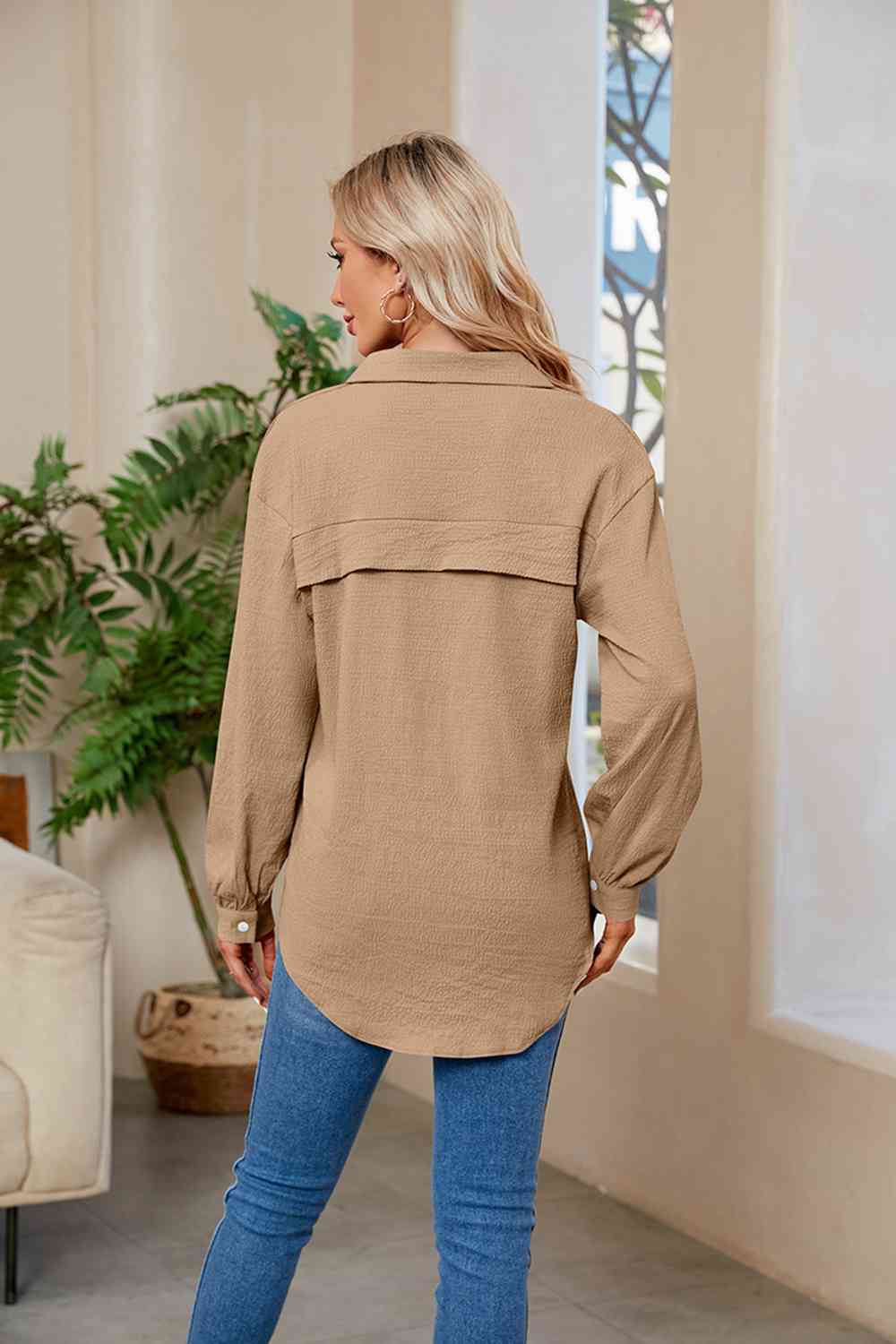 Collared Neck Buttoned Long Sleeve Shirt BLUE ZONE PLANET